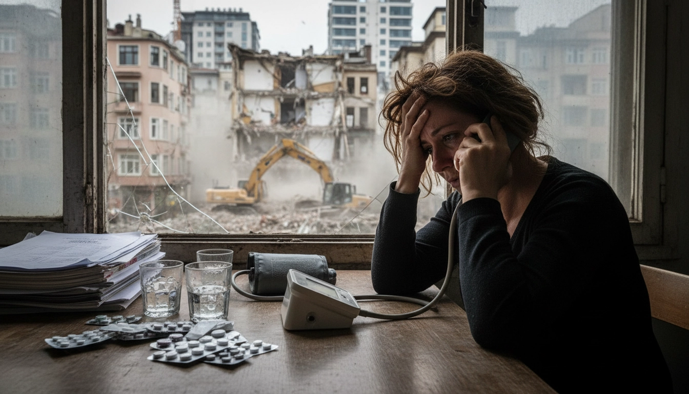Realistic photojournalism scene showing psychological stress during urban renewal, a woman holding h