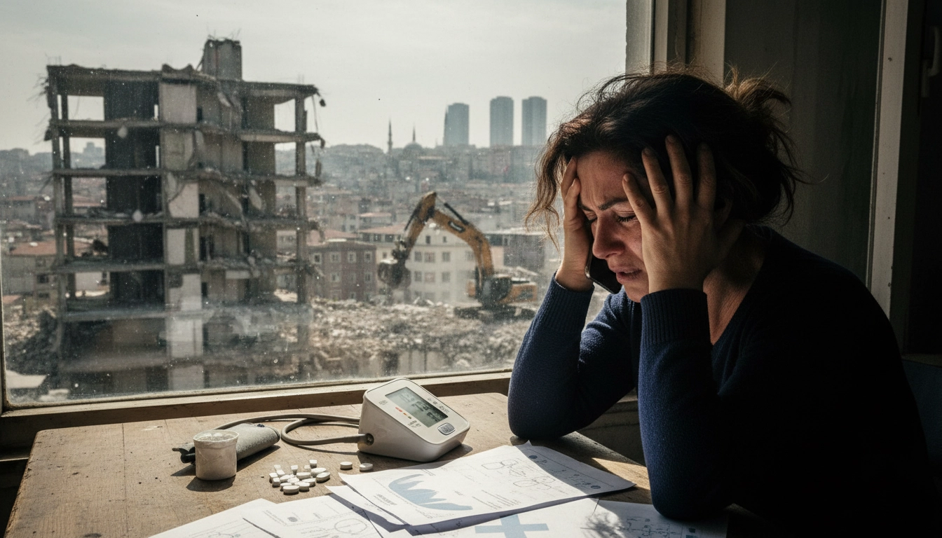Realistic photojournalism scene showing psychological stress during urban renewal, a woman holding h