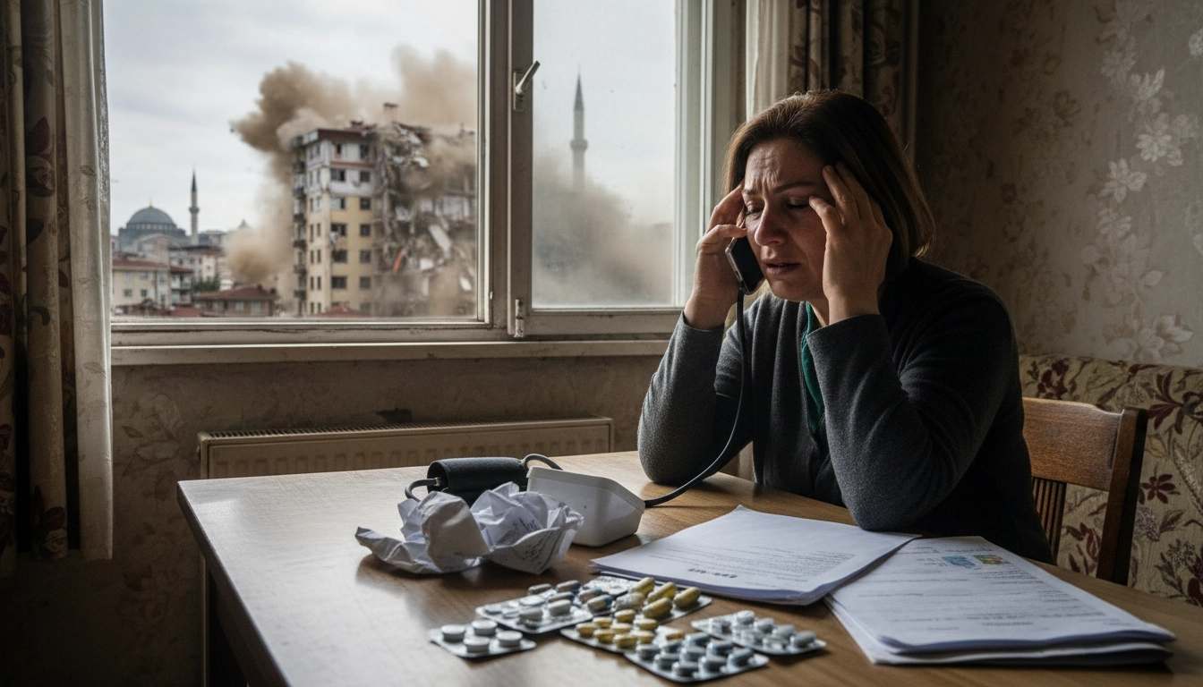 Realistic photojournalism scene showing psychological stress during urban renewal, a woman holding h