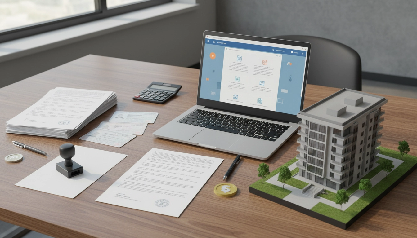 Photorealistic image of urban renewal financial support process, government application forms, e-Dev