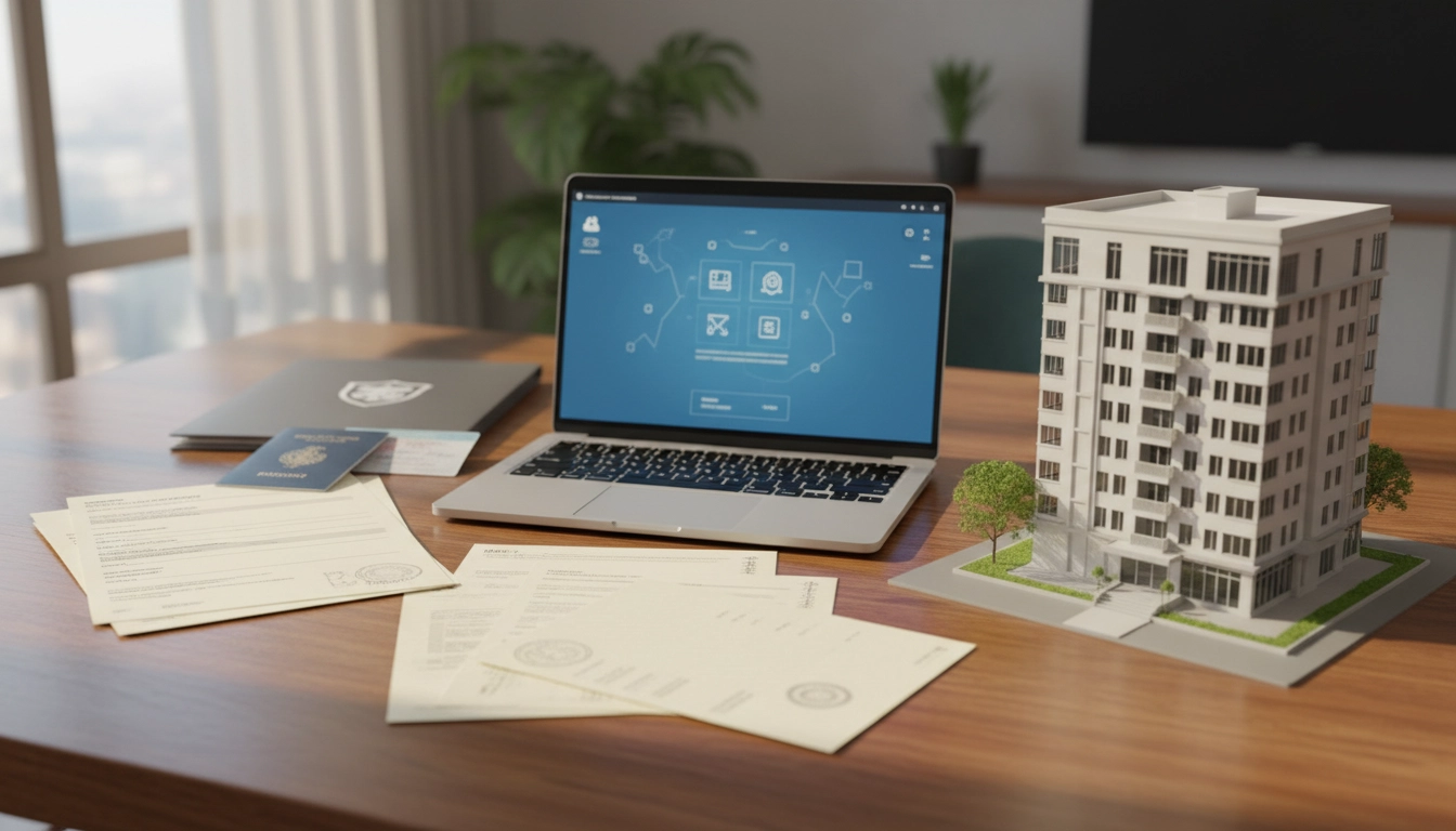 Photorealistic image of urban renewal financial support process, government application forms, e-Dev