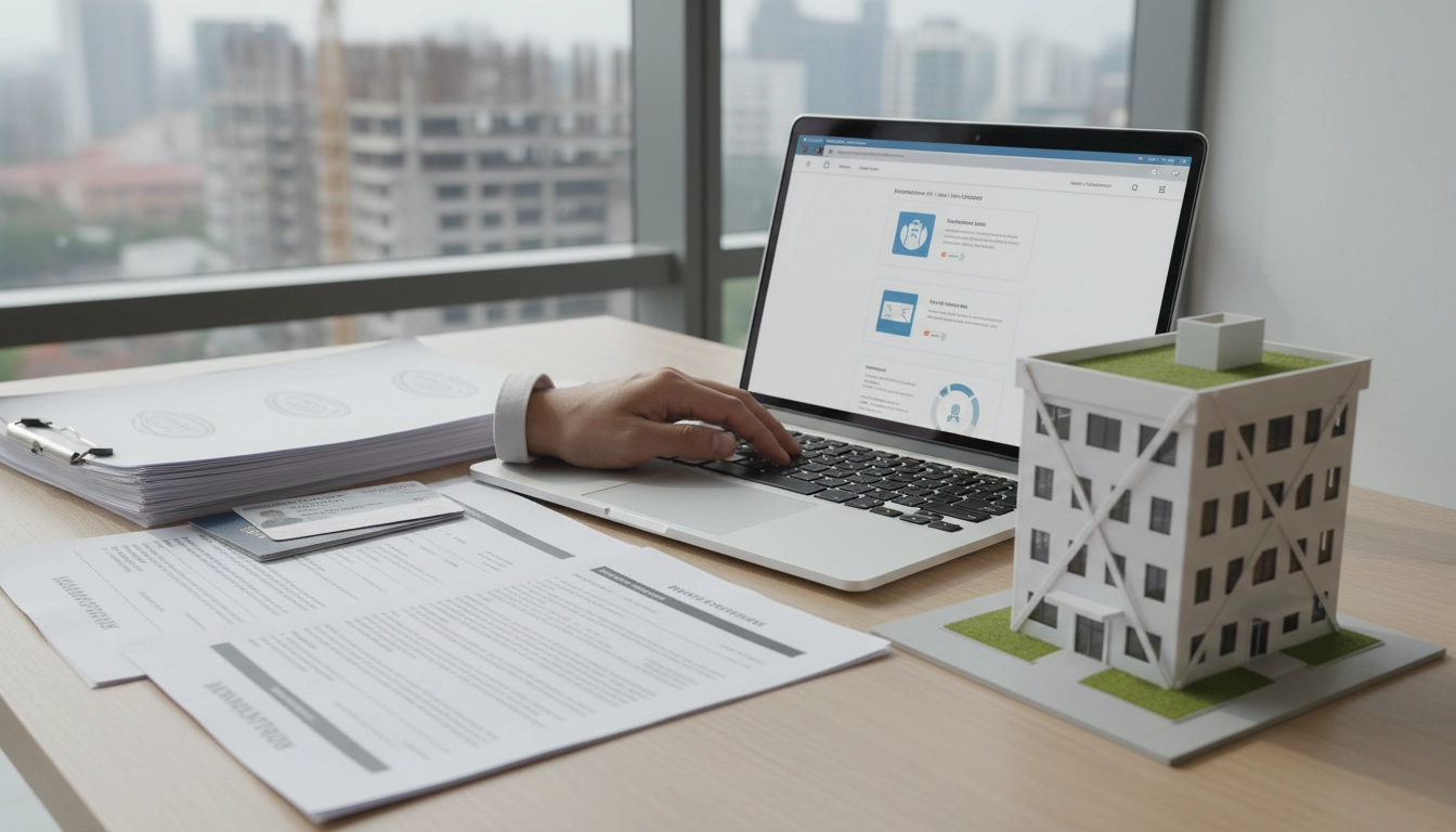 Photorealistic image of urban renewal financial support process, government application forms, e-Dev