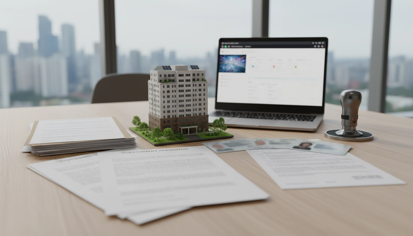 Photorealistic image of urban renewal financial support process, government application forms, e-Dev