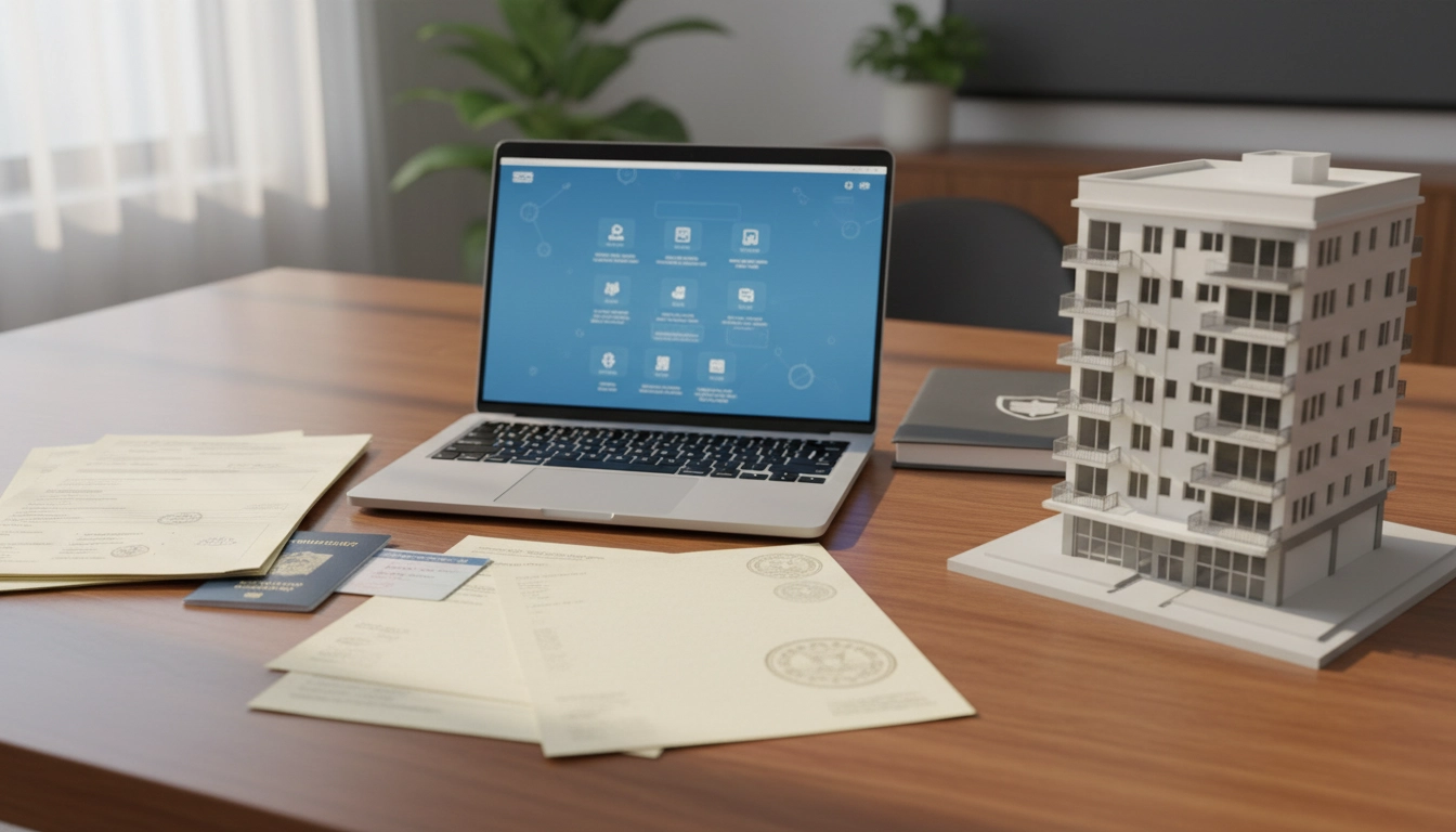 Photorealistic image of urban renewal financial support process, government application forms, e-Dev