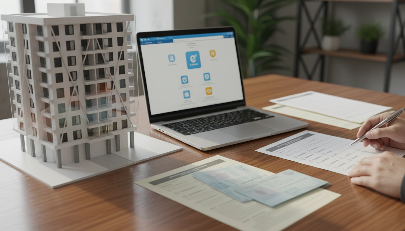 Photorealistic image of urban renewal financial support process, government application forms, e-Dev