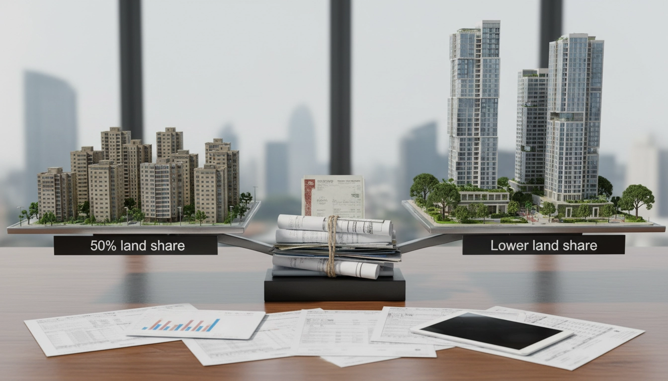 Photorealistic comparison of two urban transformation outcomes on a table, one side labeled 50% land