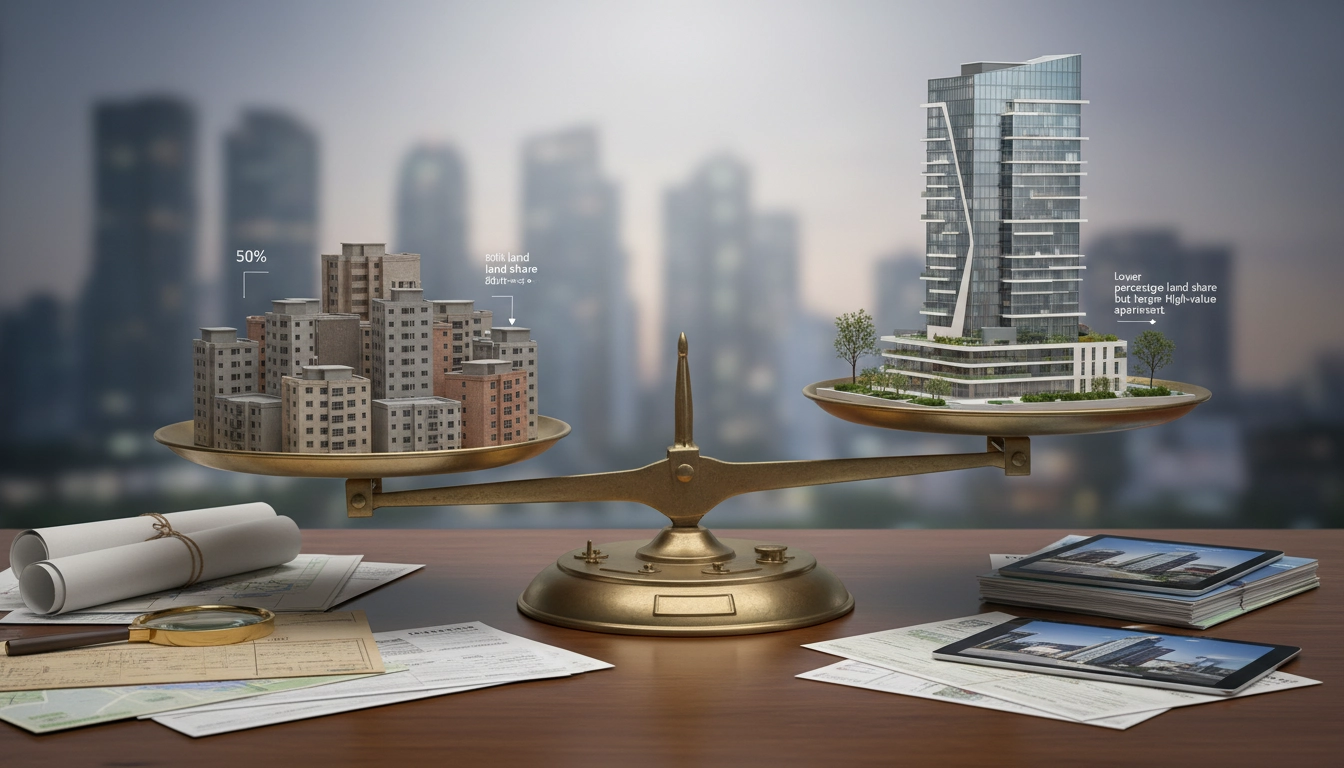 Photorealistic comparison of two urban transformation outcomes on a table, one side labeled 50% land