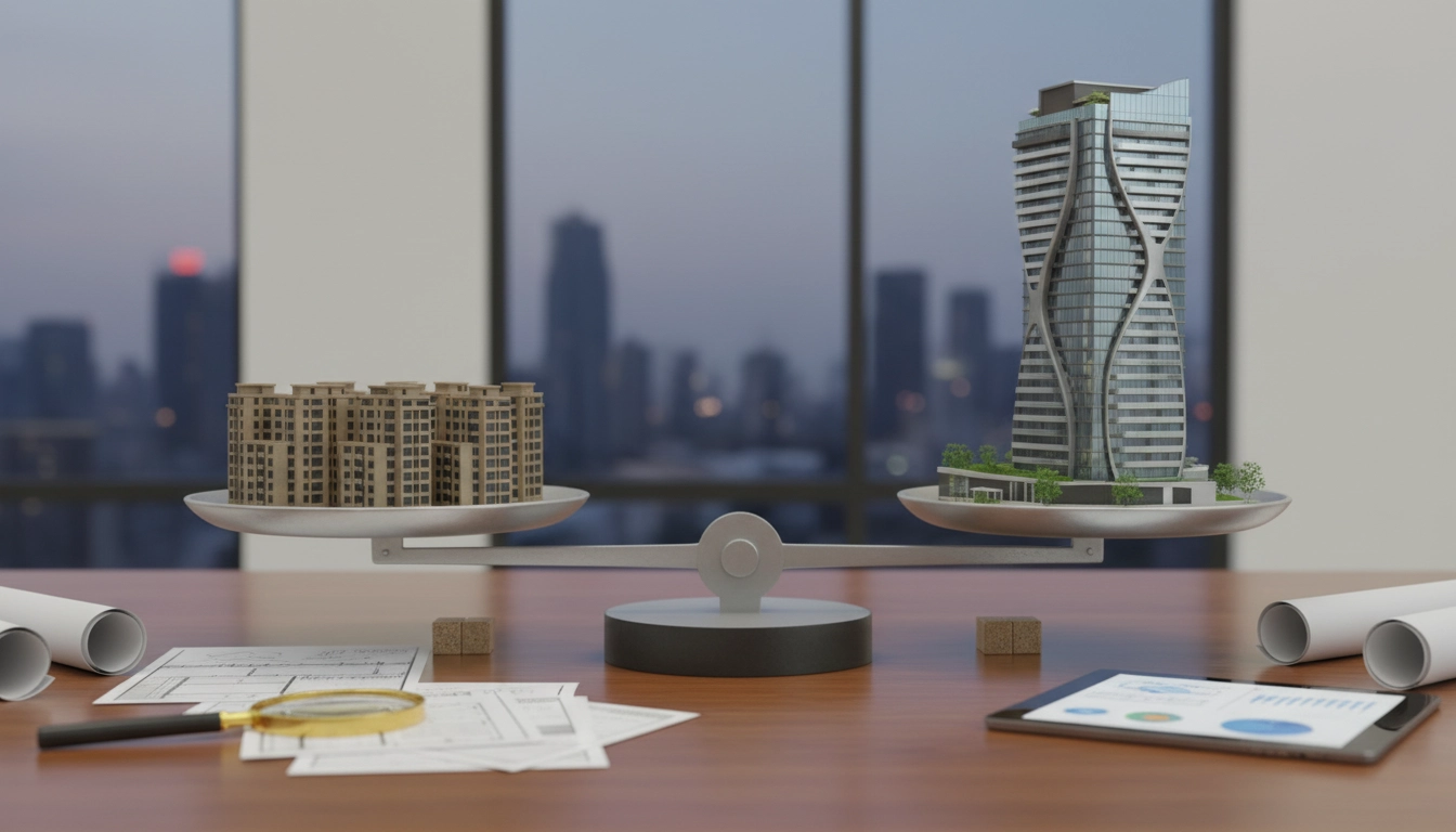 Photorealistic comparison of two urban transformation outcomes on a table, one side labeled 50% land