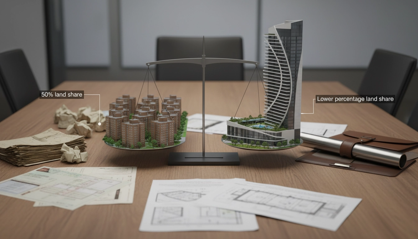 Photorealistic comparison of two urban transformation outcomes on a table, one side labeled 50% land