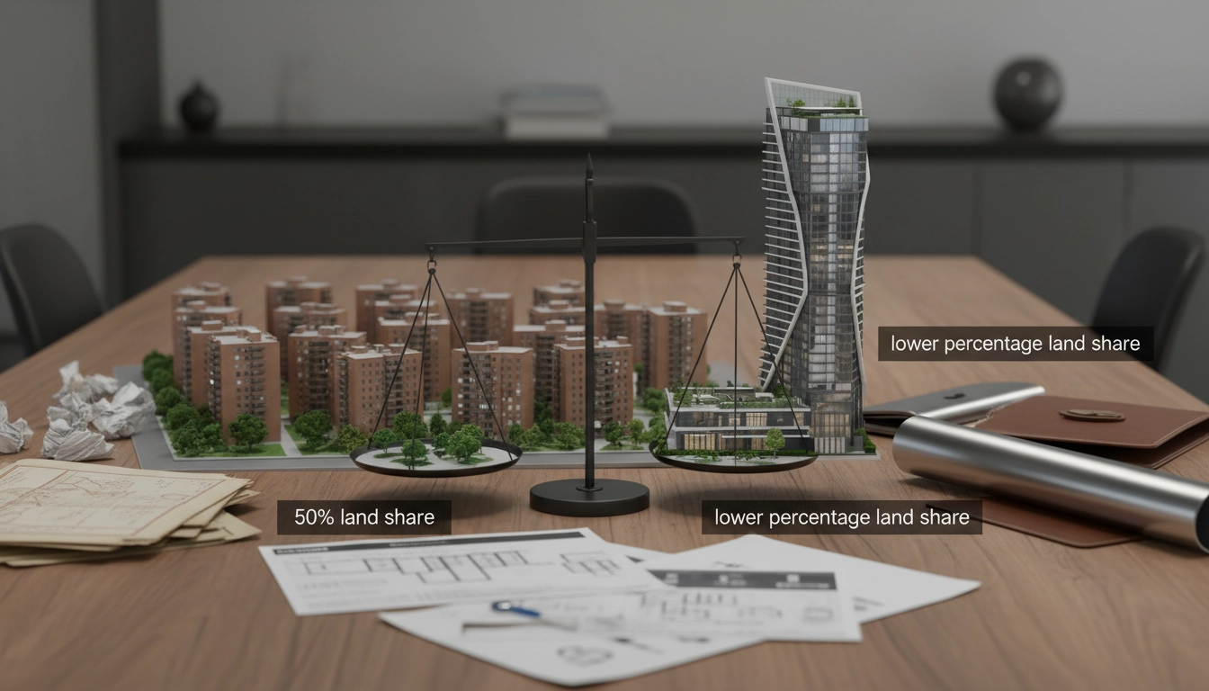 Photorealistic comparison of two urban transformation outcomes on a table, one side labeled 50% land