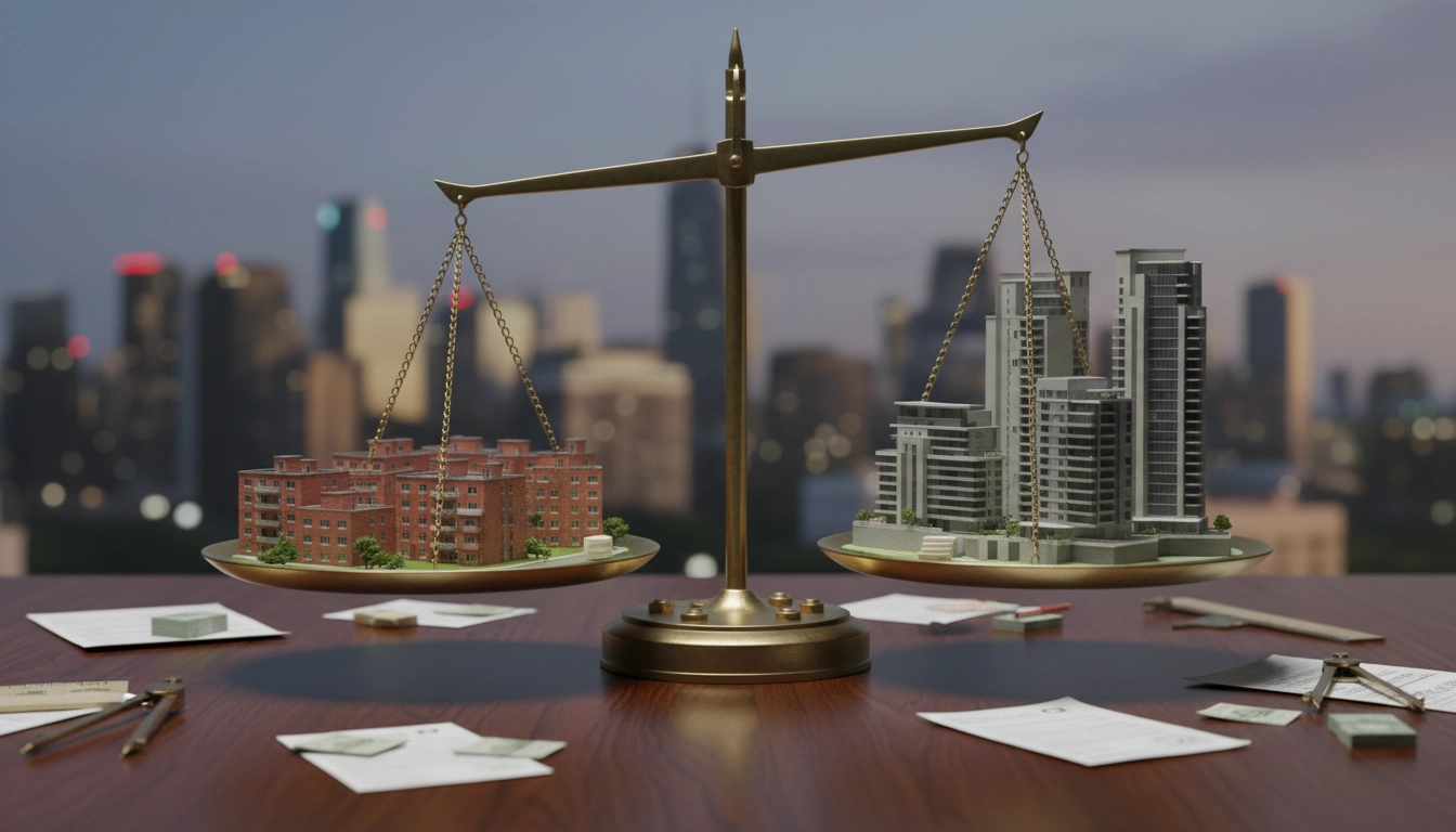 Photorealistic comparison of two urban transformation outcomes on a table, one side labeled 50% land