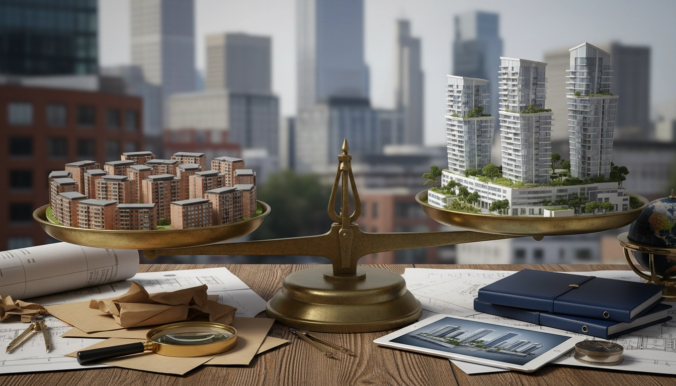 Photorealistic comparison of two urban transformation outcomes on a table, one side labeled 50% land