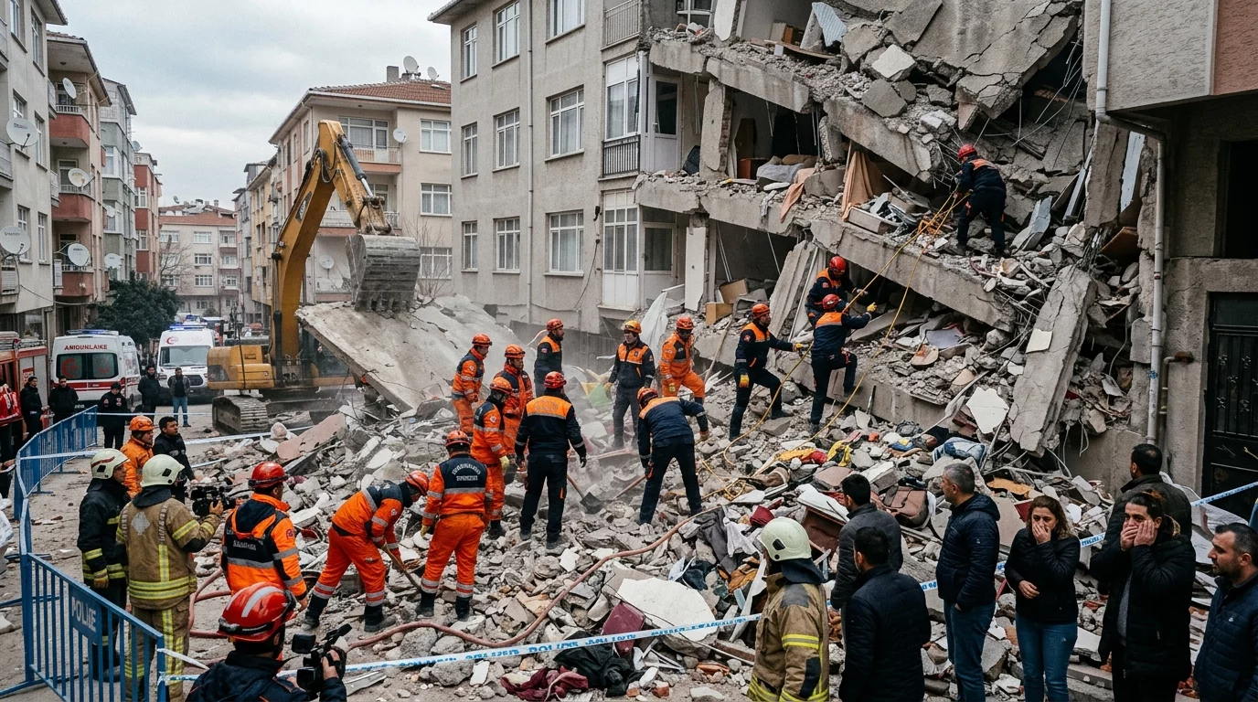 A dramatic, hyper-realistic scene of a partially collapsed residential building in Istanbul, emergen