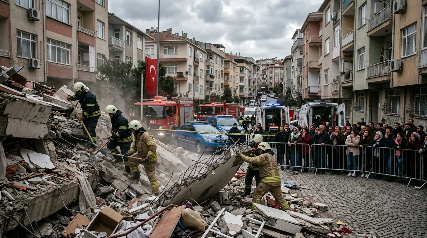 A dramatic, hyper-realistic scene of a partially collapsed residential building in Istanbul, emergen