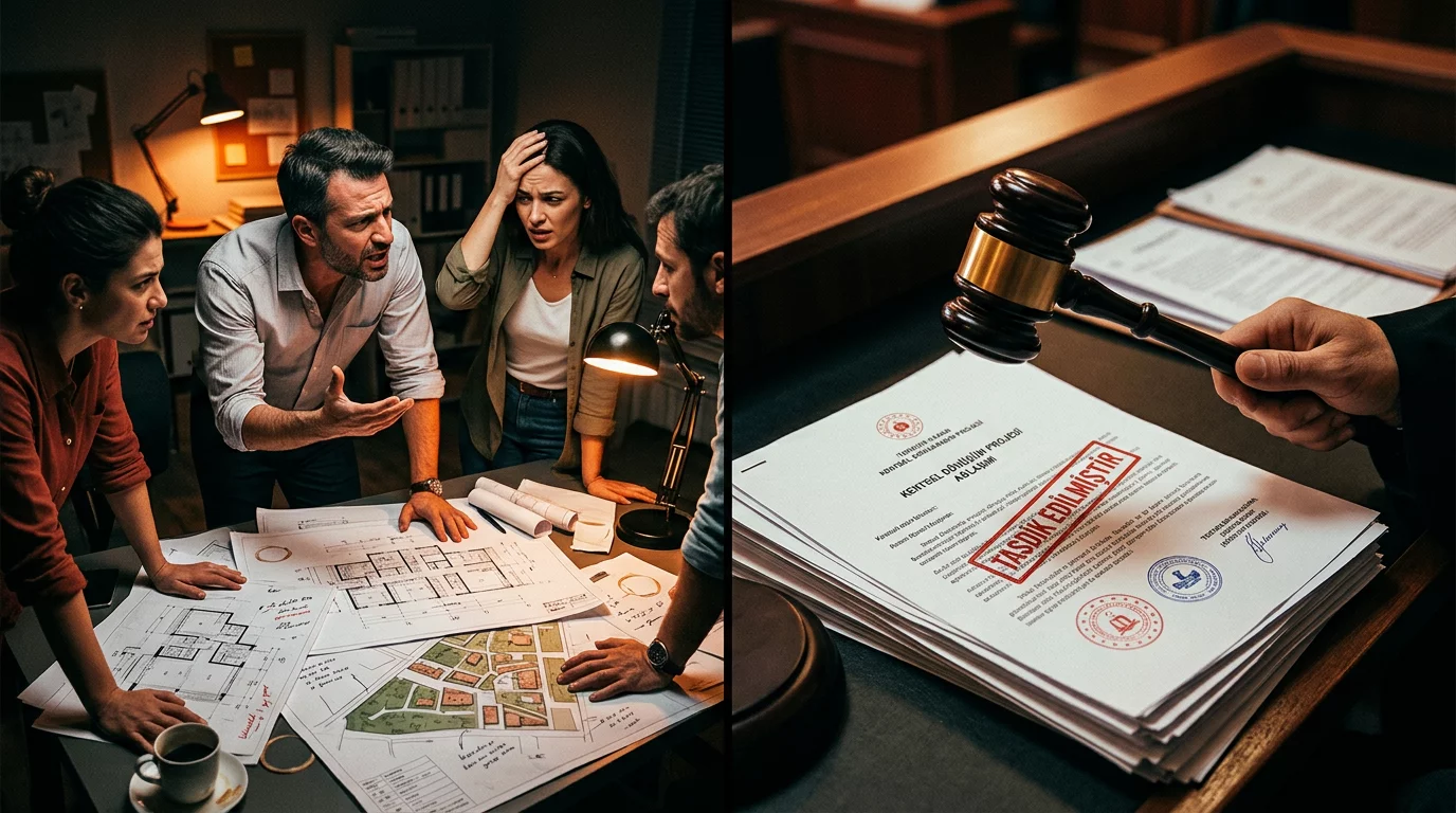 A split screen showing on one side a frustrated group of people arguing over blueprints in a dimly lit room, and on the other side, a judge's gavel striking down on a legally stamped urban renewal document, cinematic lighting, 16:9