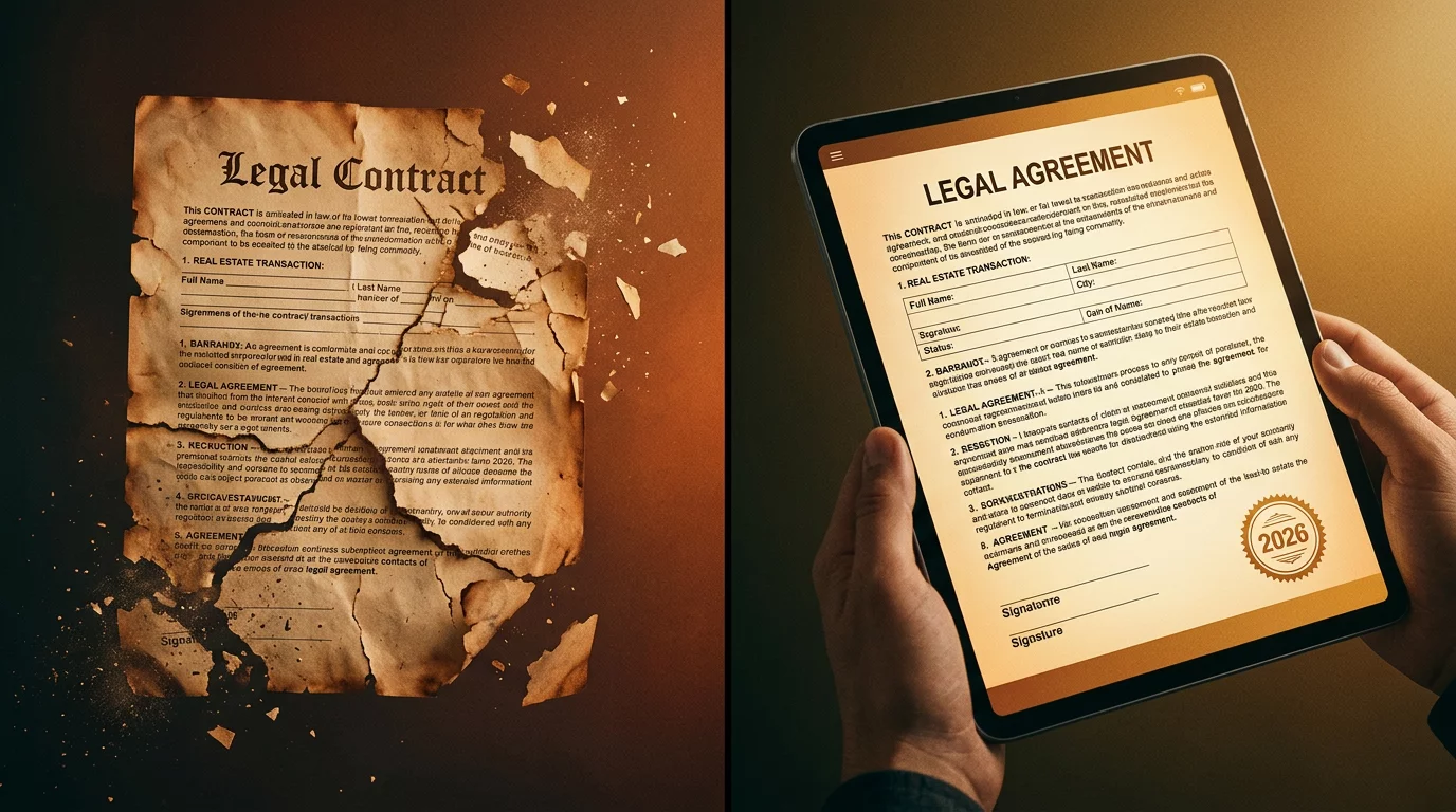 A split screen showing an old, outdated contract document crumbling away on the left, and a bright, modern digital tablet displaying a 2026 legal real estate agreement on the right, symbolizing the transition to new laws.