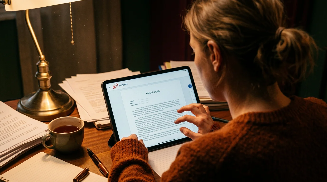 A close-up, over-the-shoulder shot of a person anxiously reviewing a legal document on a tablet with the e-Devlet logo visible, dimly lit room, 16:9 aspect ratio.