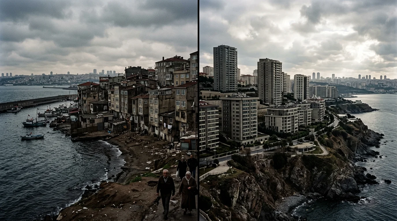 A highly detailed, realistic split-screen view of Istanbul; the left side shows vulnerable older buildings along the Marmara coastline on a cloudy day, the right side shows solid, modern reinforced structures on rocky hills under clear skies, symbolizing risk versus safety.