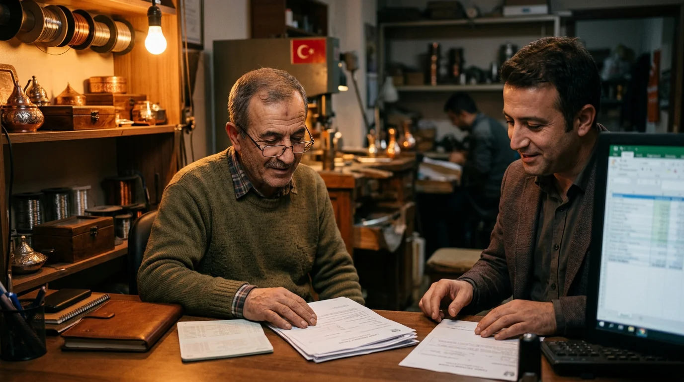 A focused Turkish artisan or small business owner sitting at a well-lit desk, reviewing loan documents with a bank official, conveying relief and state support, wide 16:9 format