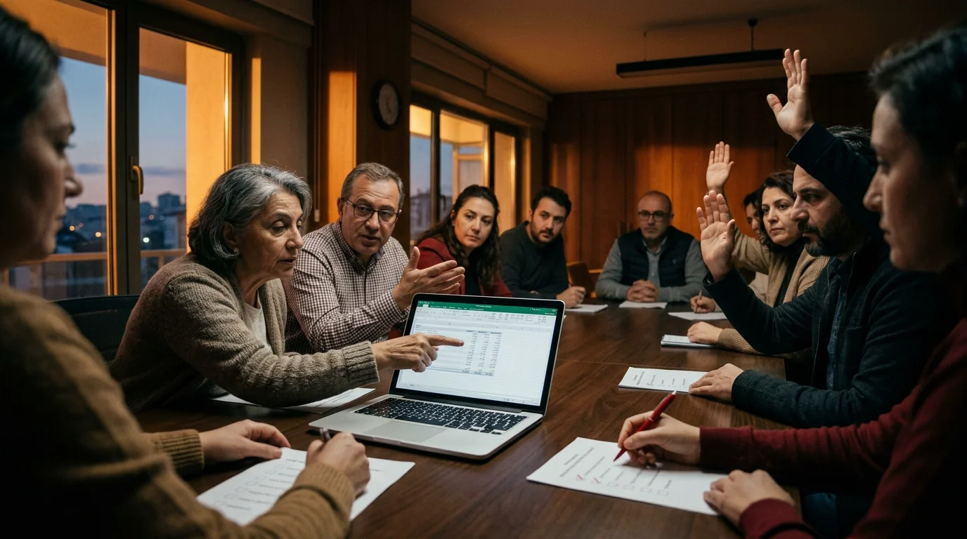 A professional meeting of apartment owners voting at a large bright table, someone pointing at an operating budget on a laptop, indoor lighting, realistic, 16:9 ratio