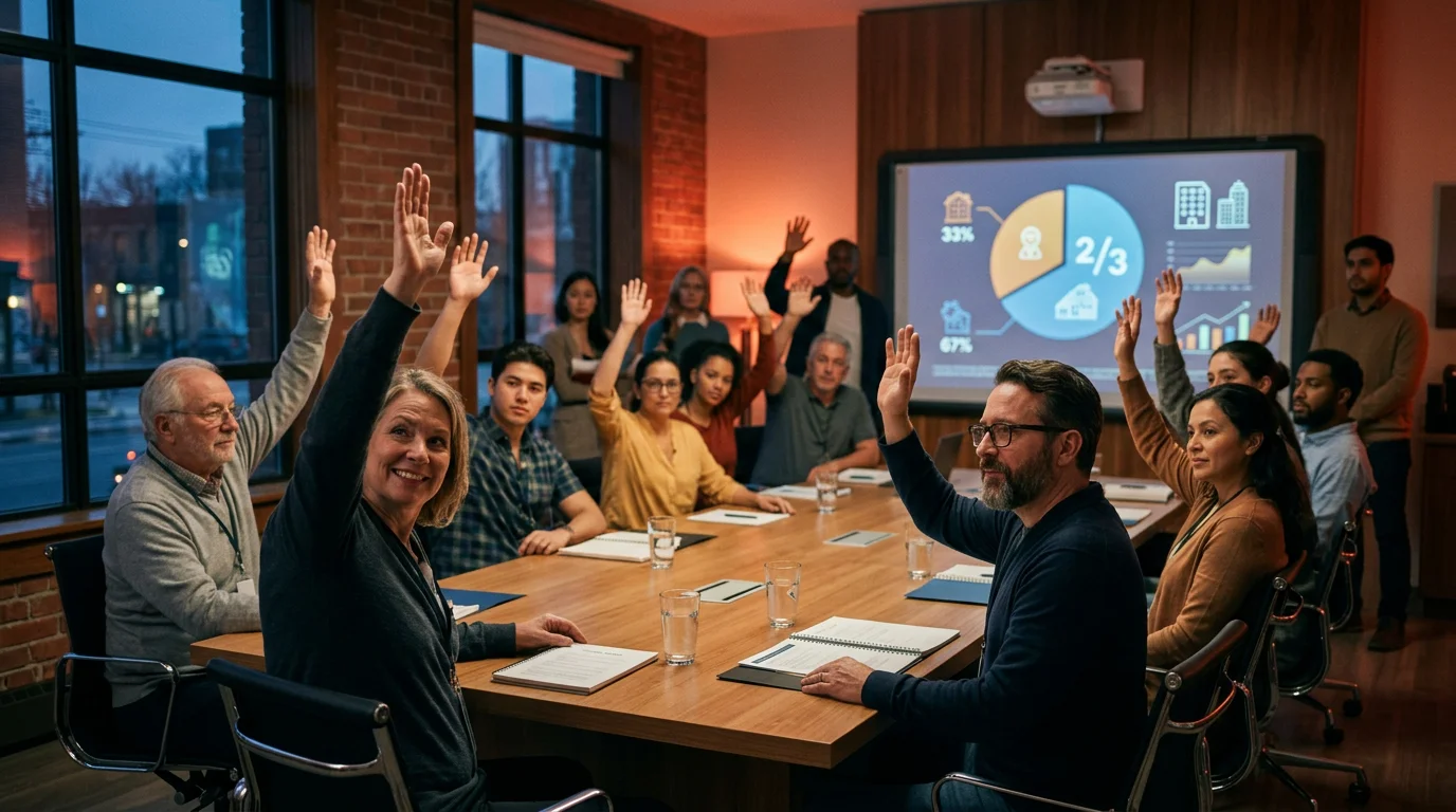 A highly professional, well-lit indoor meeting room where a diverse group of apartment residents are voting with a show of hands, digital charts on a smartboard behind them, conveying a sense of transparency and democracy.