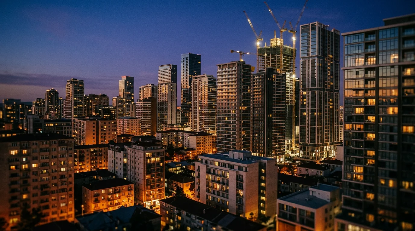 A wide cinematic shot of a modern city skyline showing both old buildings and new earthquake-resistant skyscrapers, vibrant blue hour lighting, representing the transformation and legal protection of urban space.