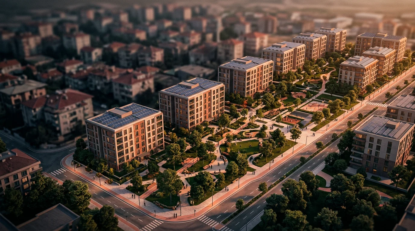 A detailed 3D architectural rendering of a new housing complex in Sincan with green parks, solar panels on roofs, and modern wide streets, contrasting with a blurred background of an older neighborhood.