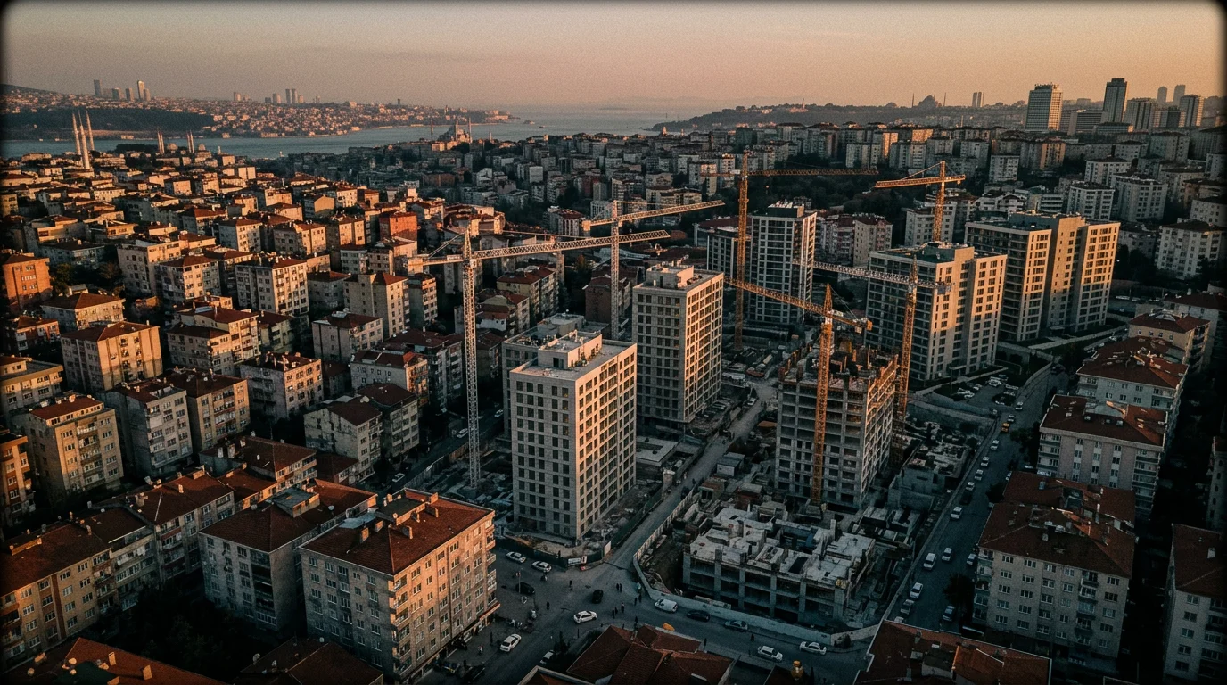 A professional, cinematic high-angle shot of Istanbul's residential districts undergoing modern urban transformation with tower cranes, safe new buildings rising next to older low-rise apartments, soft golden hour sunlight, 16:9 aspect ratio