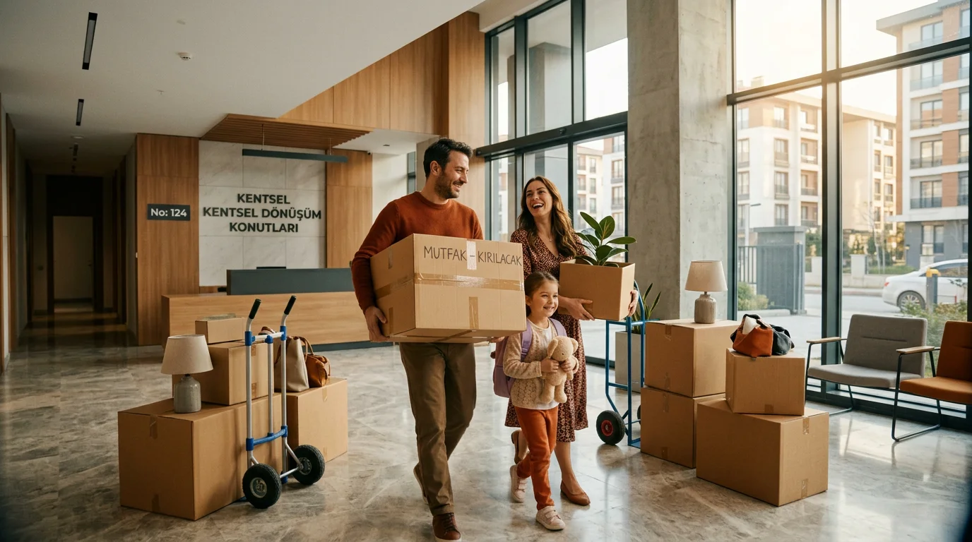 A high-quality realistic photo of a modern family moving into a newly built, earthquake-resistant apartment building in Istanbul, with cardboard moving boxes, a bright clean lobby, smiling faces, and soft natural indoor lighting