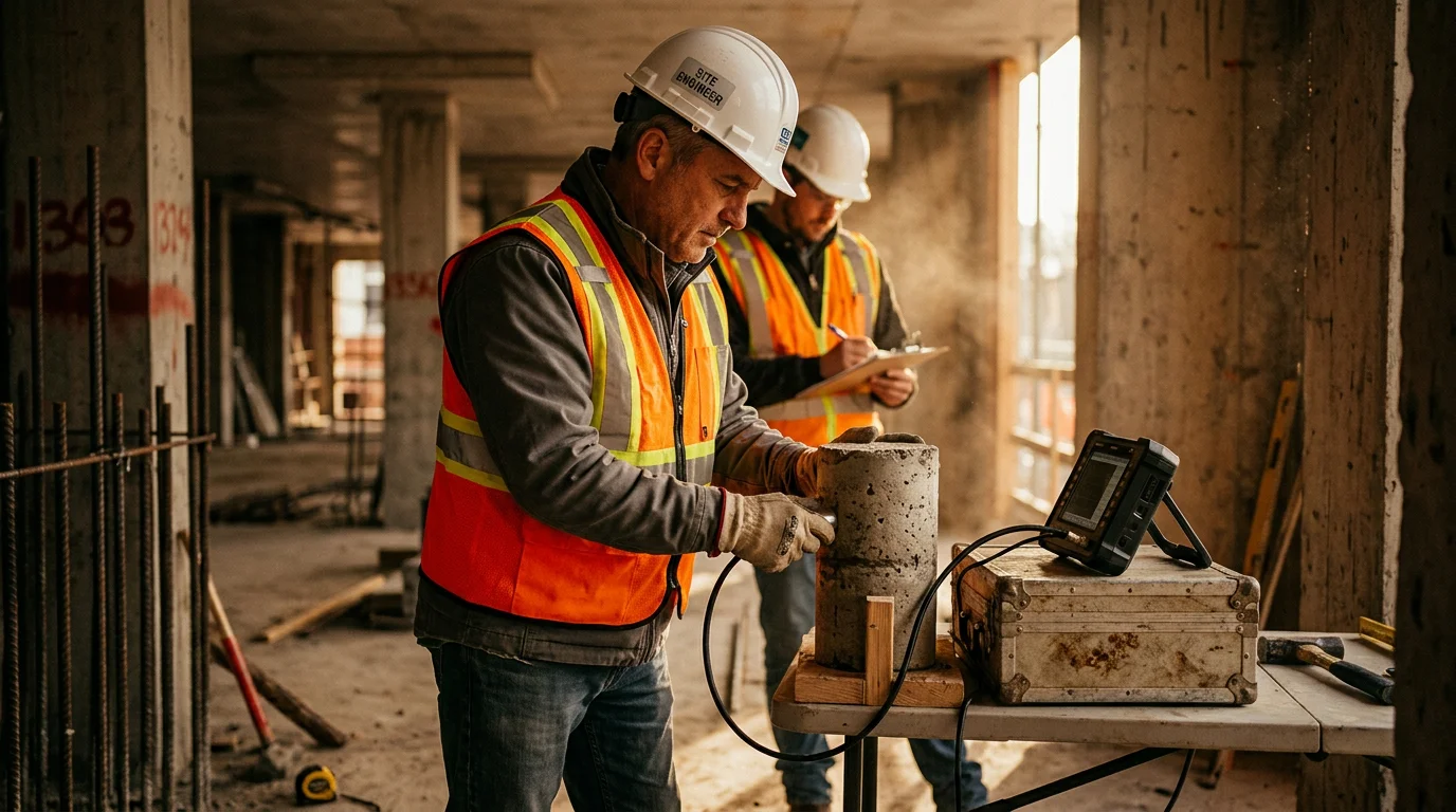 A professional civil engineer wearing a white hardhat and neon vest inspects a concrete column with ultrasonic testing equipment inside a residential building