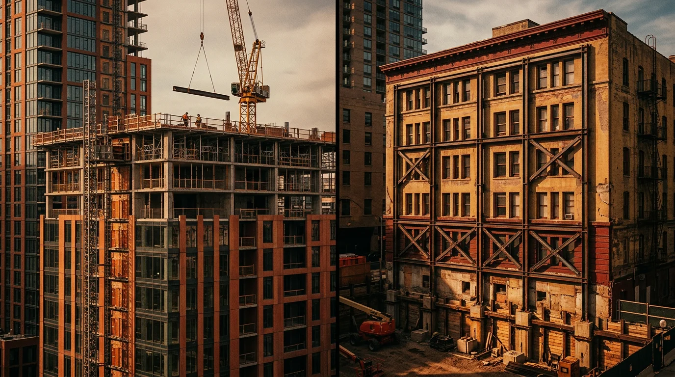 A split screen image comparing a modern high-rise building being constructed next to an older building undergoing seismic steel brace reinforcement, realistic dramatic daylight lighting