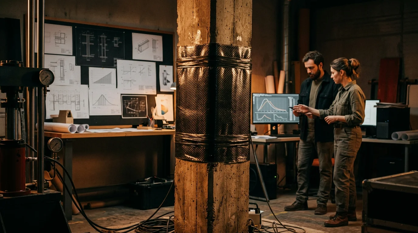 A detailed engineering drawing of a concrete column wrapped in carbon fiber polymer sheets, with structural stress test diagrams in the background, professional architectural studio atmosphere