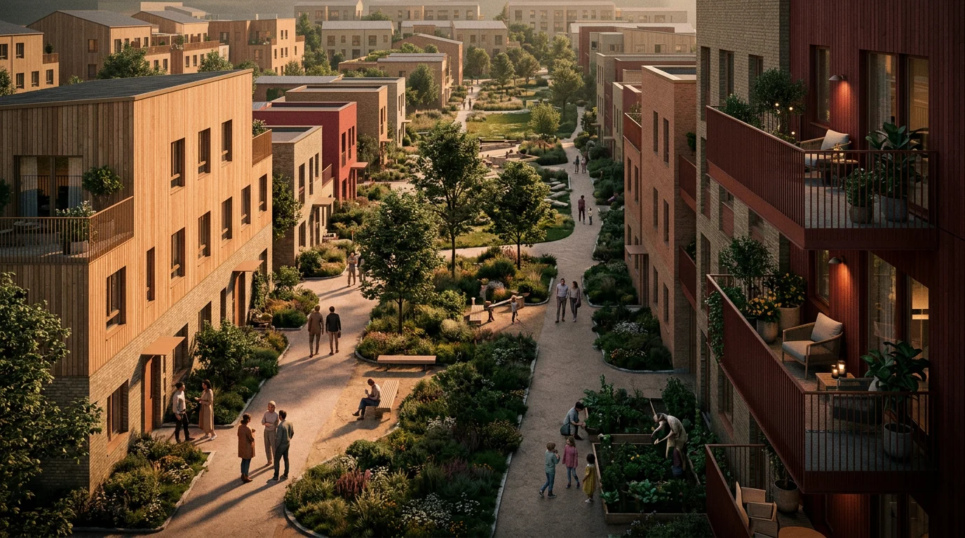 A professional architectural rendering of a horizontal development project showing sustainable materials, cozy neighborhood streets, pedestrian-friendly pathways, pocket parks, and warm social interactions, close-up details of community balconies.