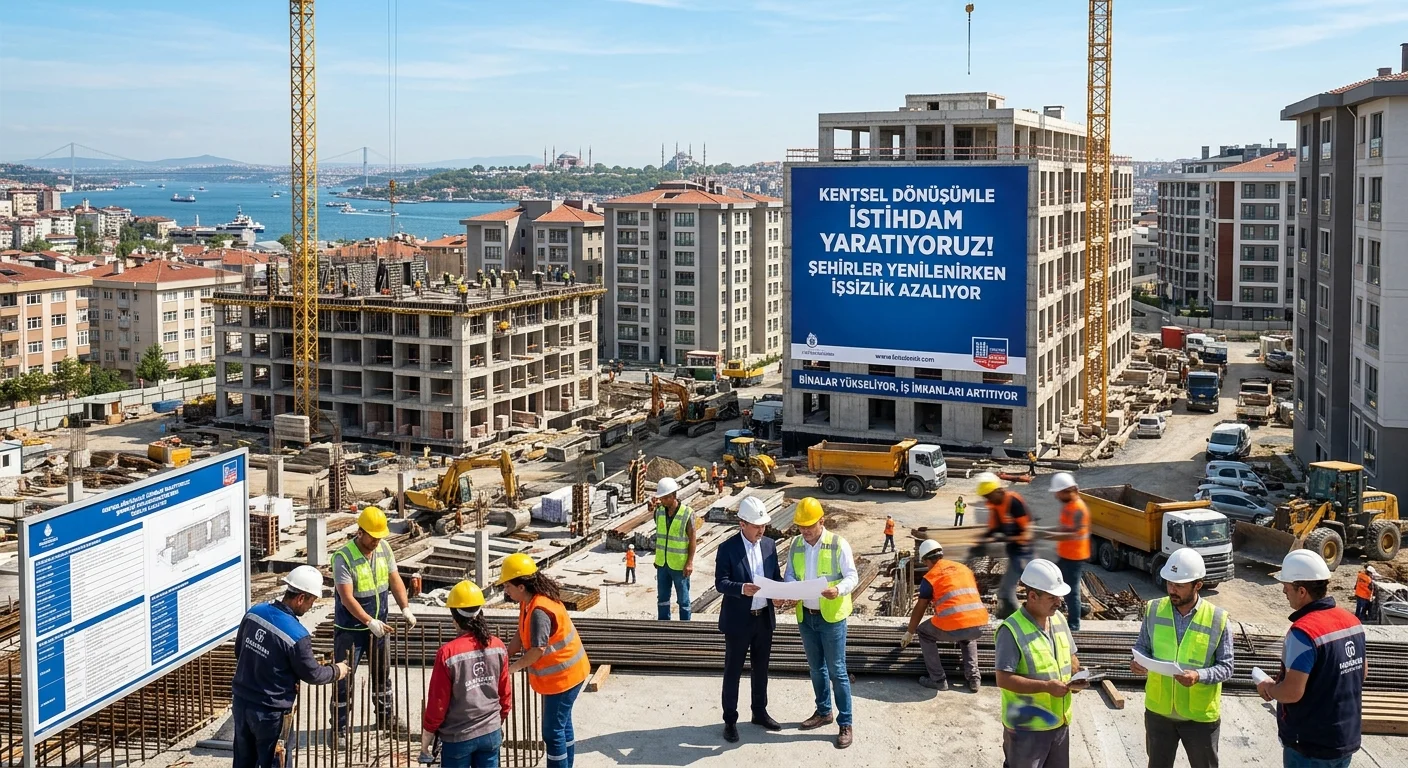Kentsel dönüşüm şantiyesinde çalışan işçiler ve mühendisler, arka planda yükselen yeni binalar ve istihdam vurgusu